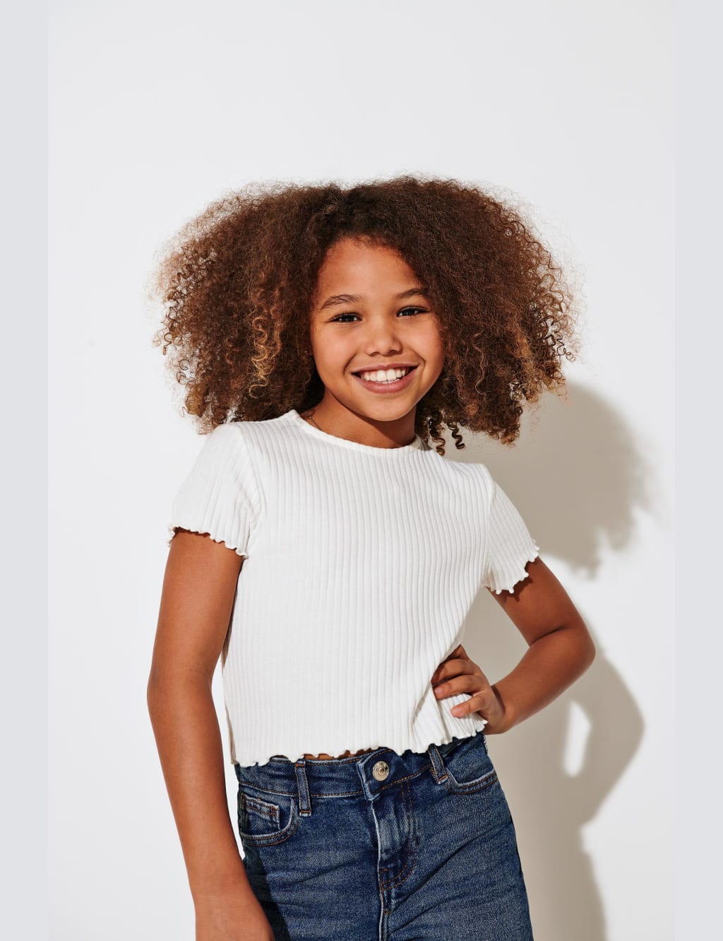 Kids Only Girls Ribbed T-Shirt (7-14 Yrs) - 13-14 - White, White,Blue