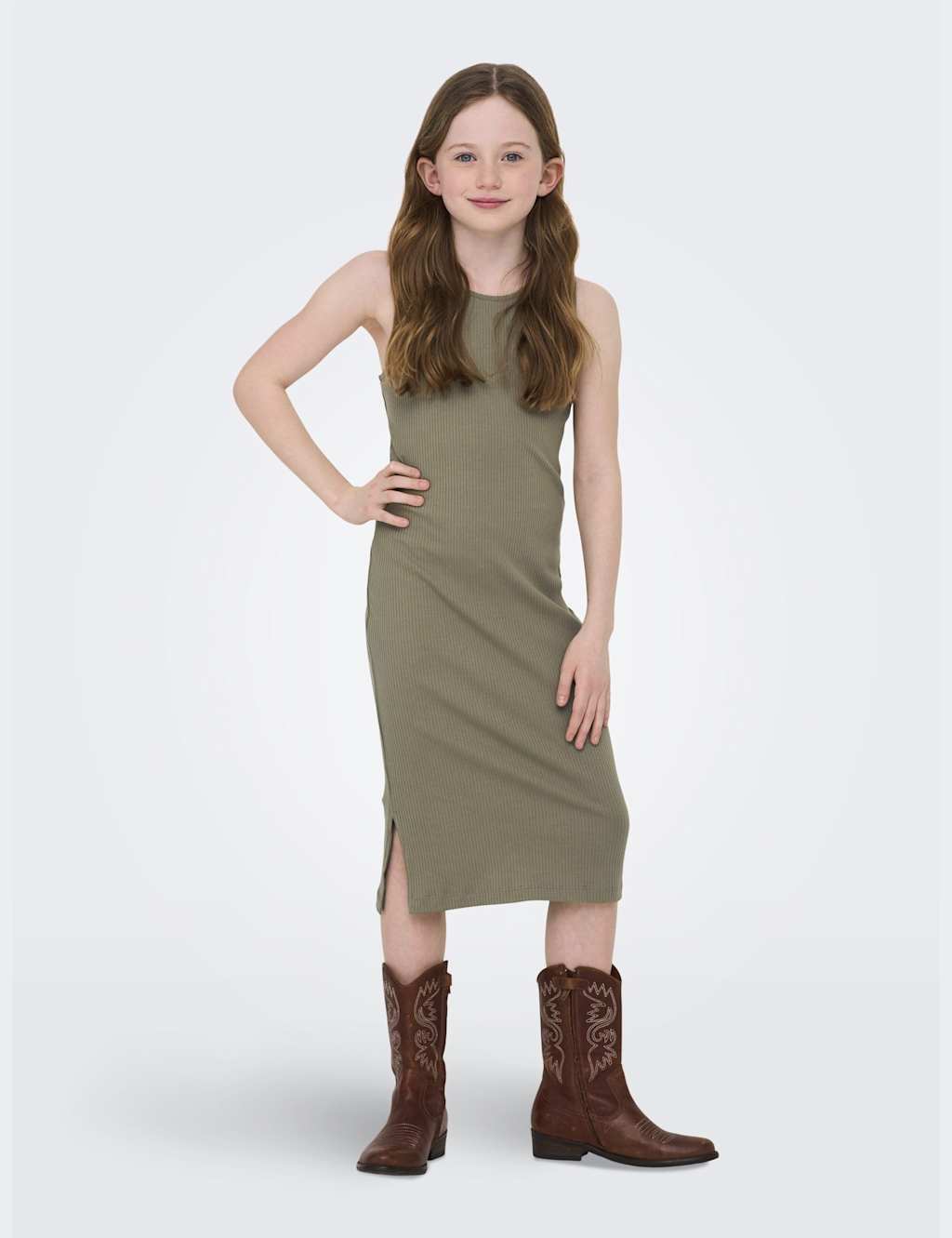 Kids Only Girls Cotton Rich Ribbed Dress (7-14 Yrs) - 9-10Y - Khaki, Khaki,Black