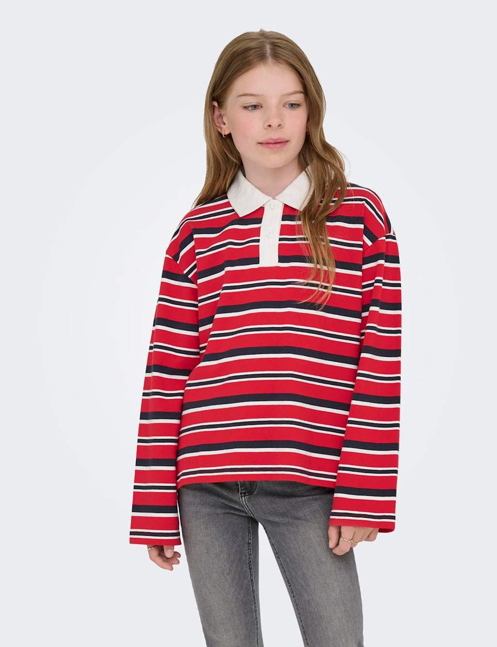 Kids Only Cotton Rich Striped Boxy Polo Shirt (7-14 Yrs) Red Mix