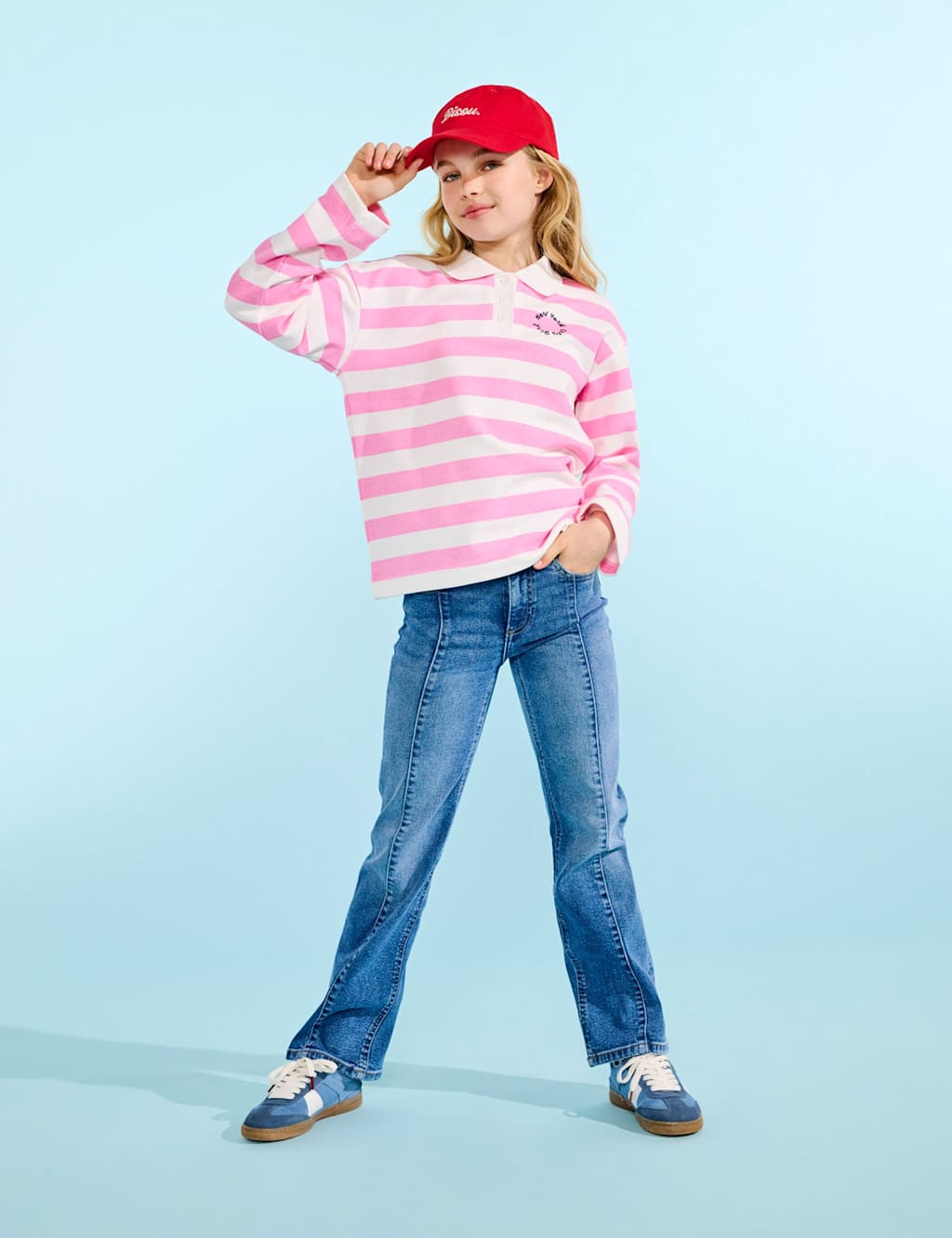 Kids Only Cotton Rich Striped NYC Logo Polo Shirt (7-14 Years) Pink Mix