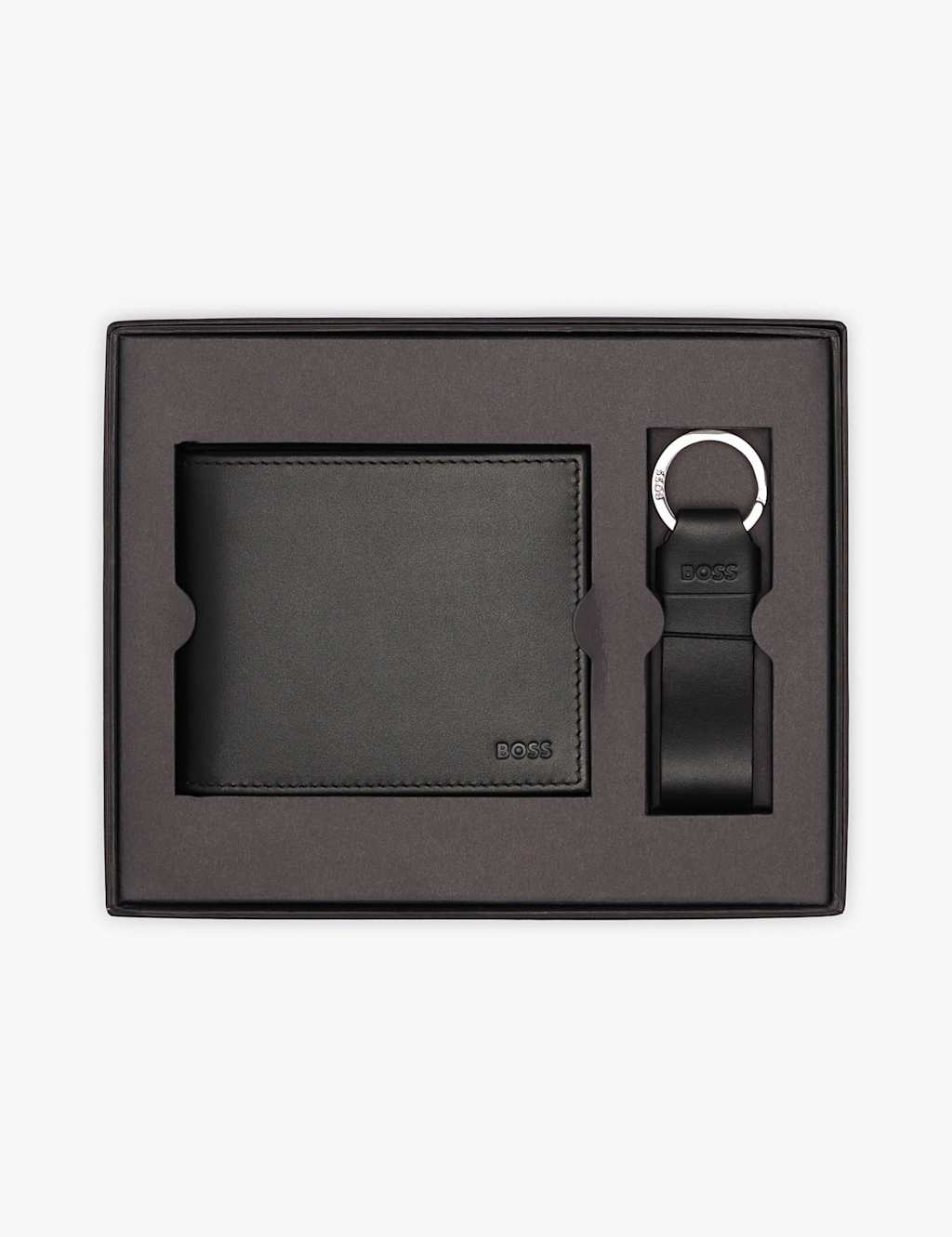 Boss Men's Leather Tri-fold Wallet and Keyring Gift Set - Black - Available at M&S