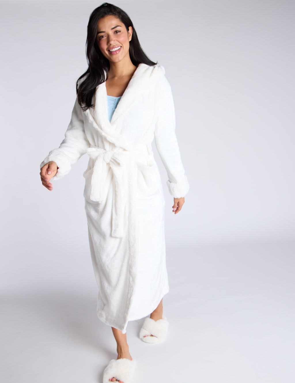 Hooded Faux Fur Trim Dressing Gown