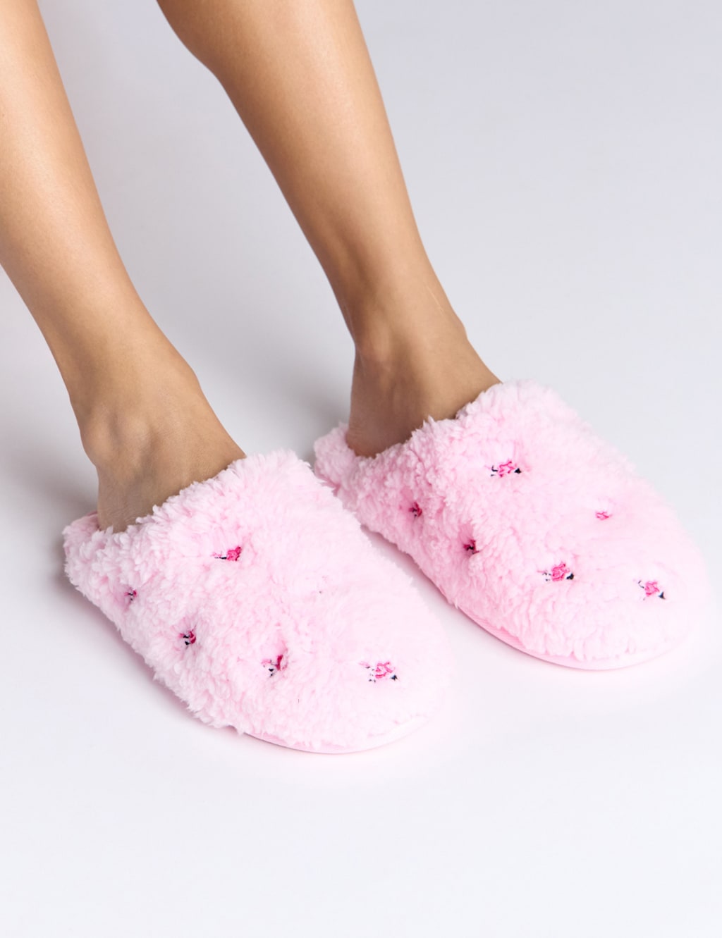 Faux Fur Floral Embroidered Mule Slippers