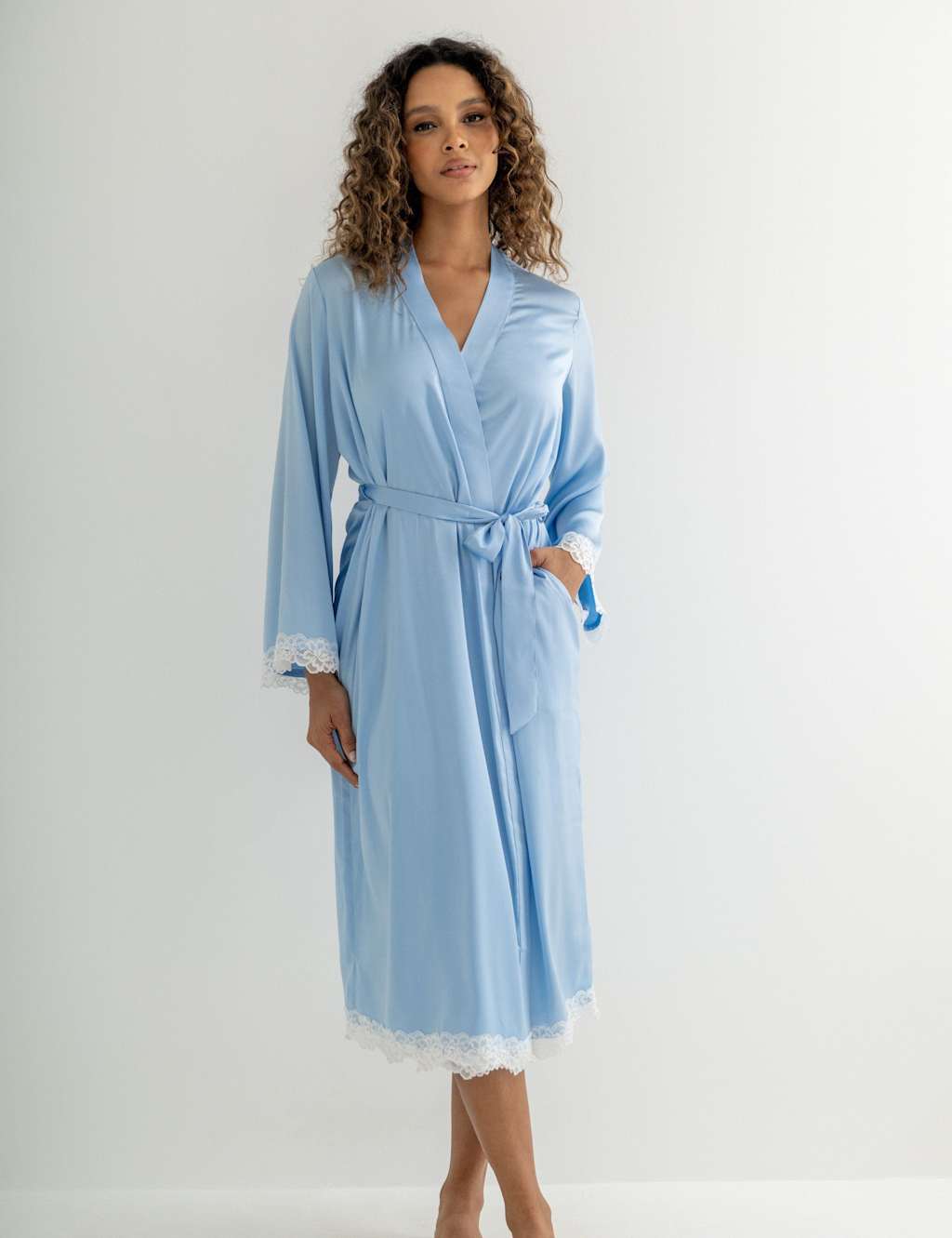Pour Moi Women's Dusk Satin and Lace Kimono Sleeve Dressing Gown - 12 - Light Blue Mix - Available at M&S