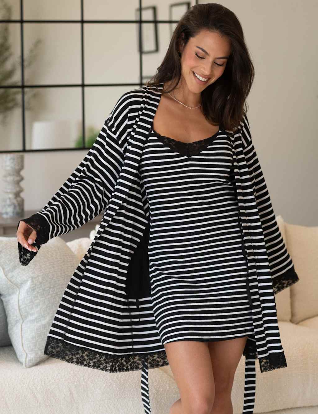 Pour Moi Women's Ribbed Cotton Jersey Stripe Lace Trim Gown - 12 - Black Mix - Available at M&S