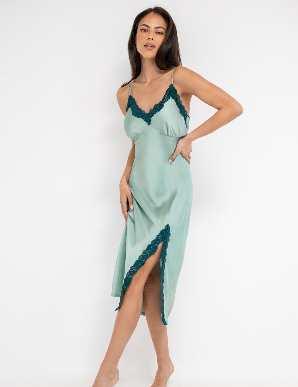Pour Moi Women's Dusk Satin and Lace Midi Chemise - 8 - Teal Mix - Available at M&S