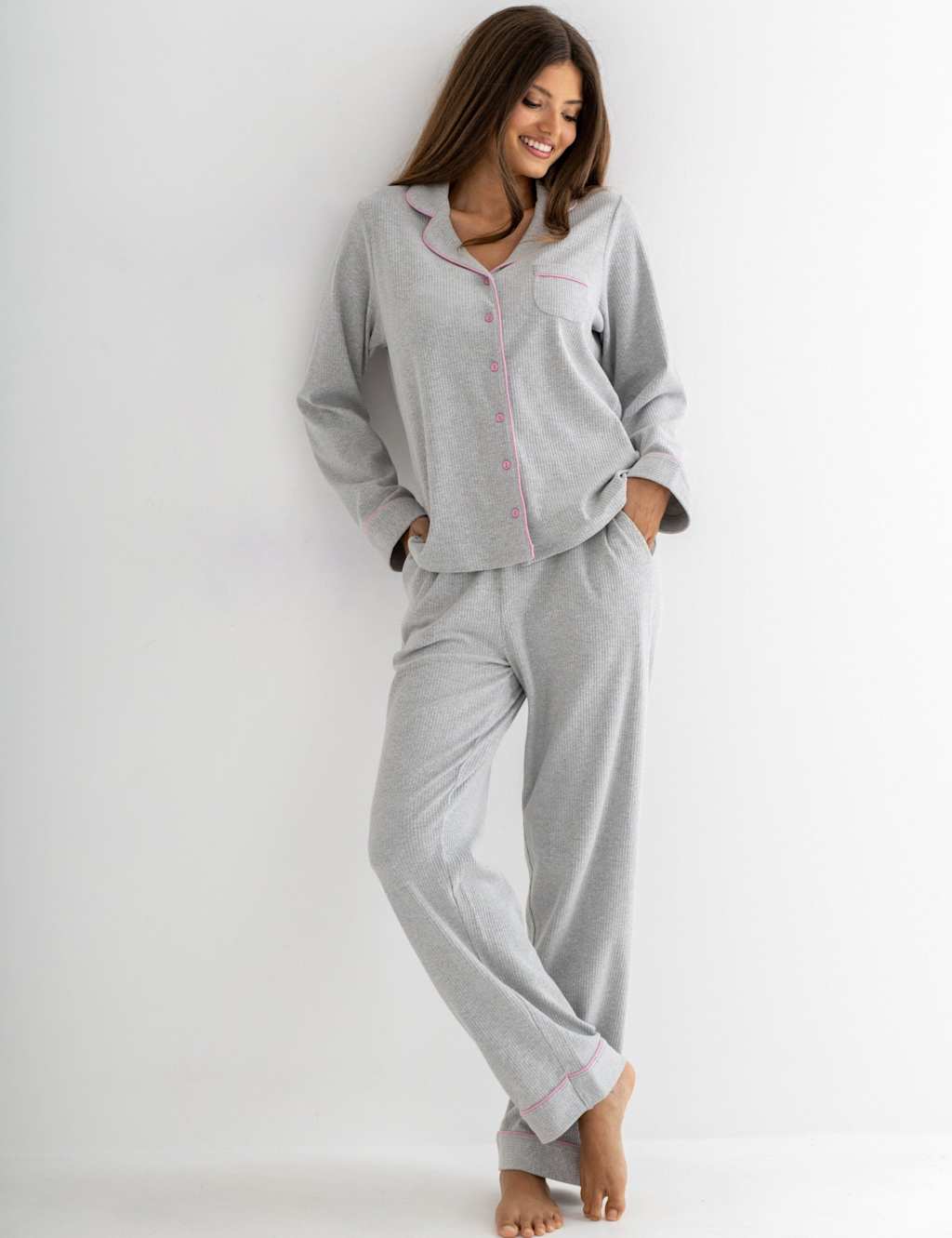 Pour Moi Cotton Rich Ribbed Pyjama Set Grey Marl