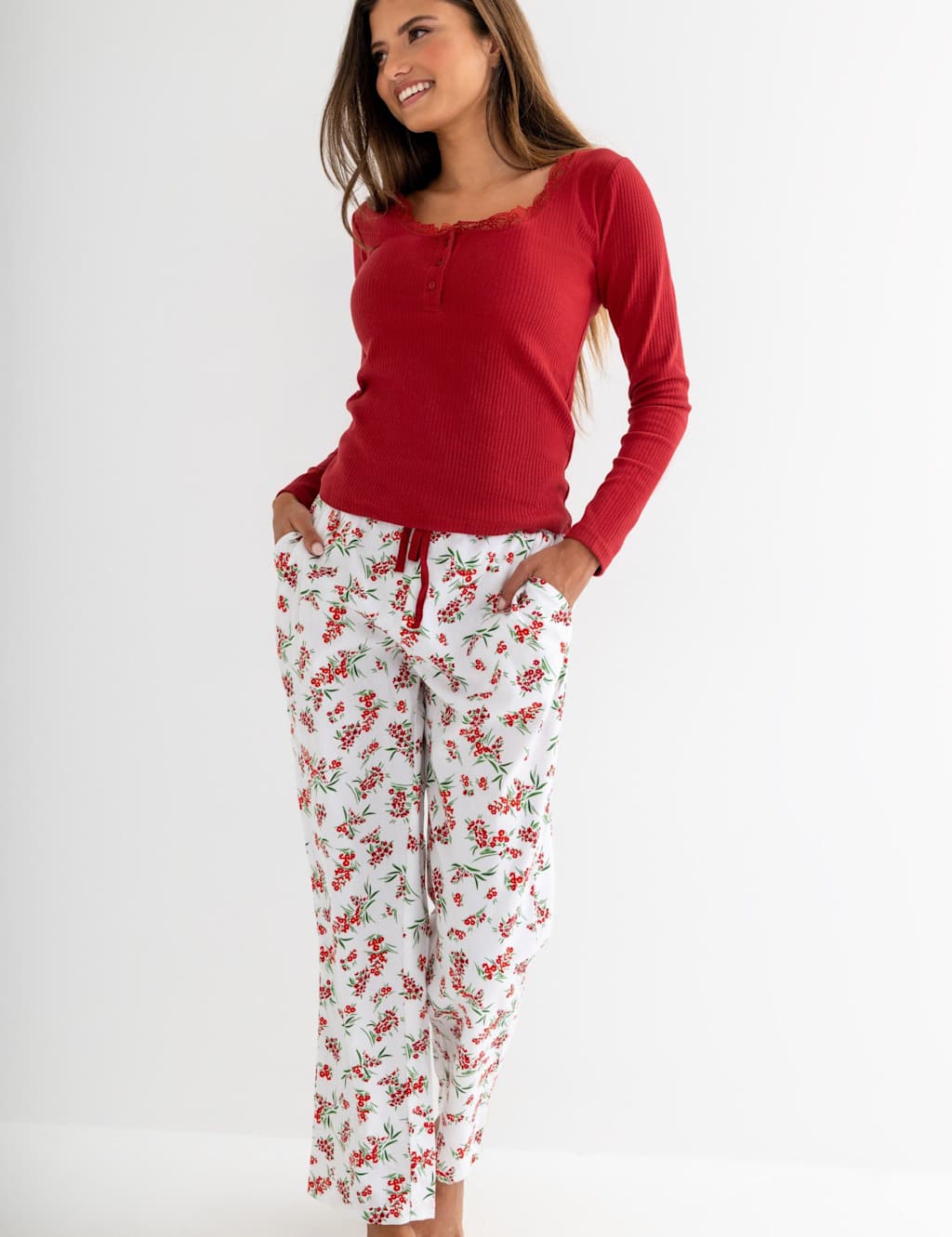 Pour Moi Ribbed Pyjama Set Red Mix
