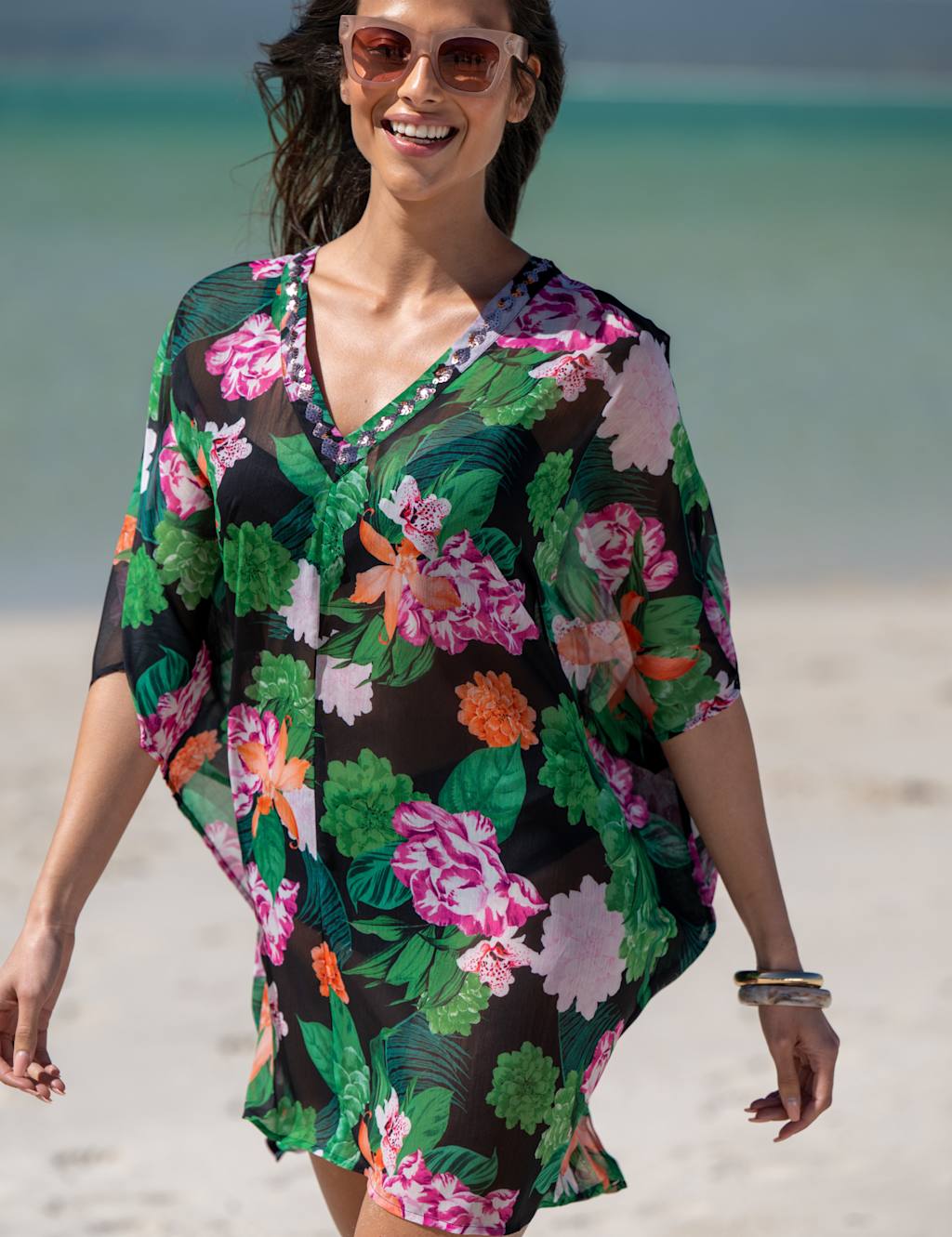 Pour Moi Women's Chiffon V Neck Embellished Kaftan - 16-18 - Black Mix - Available at M&S