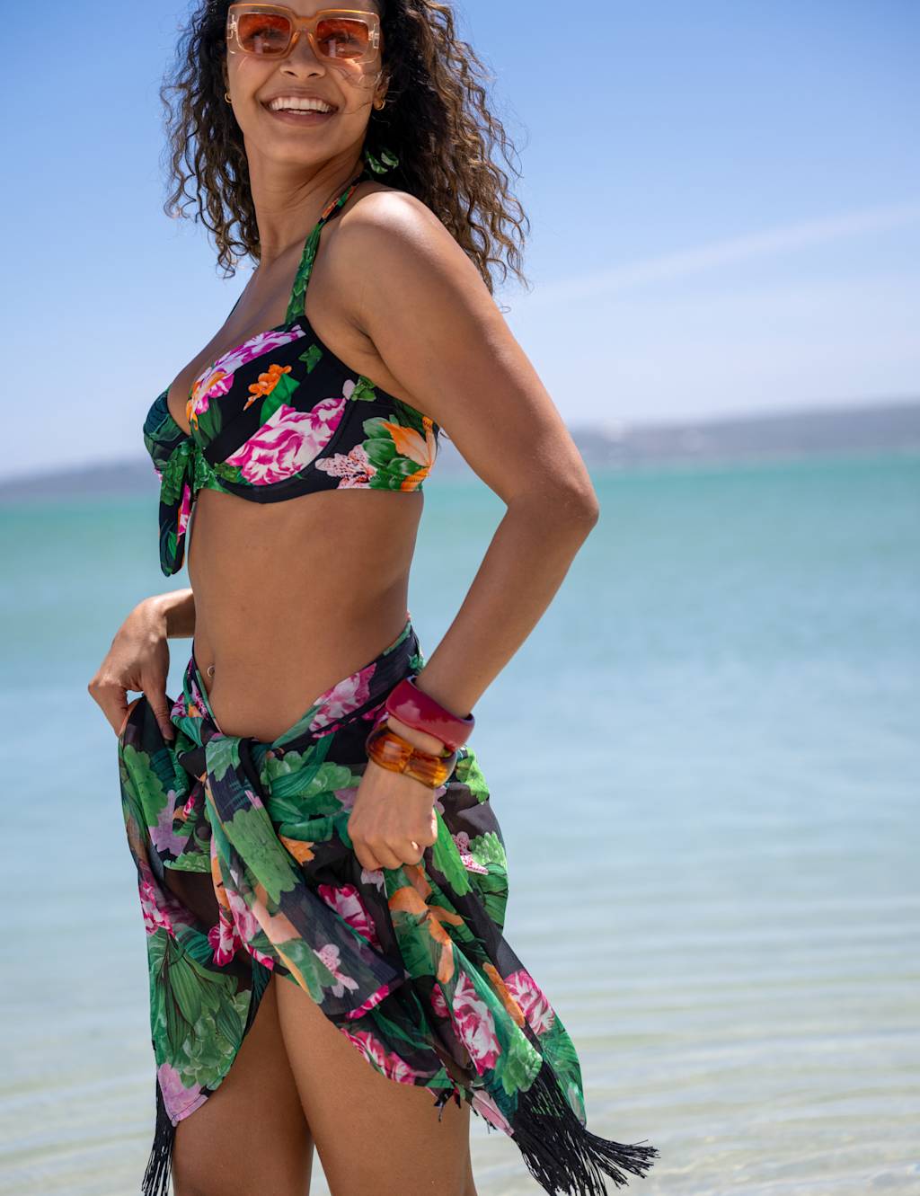 Pour Moi Women's Chiffon Floral Tassel Beach Cover Up Sarong - Large-Extra Large - Black Mix - Available at M&S