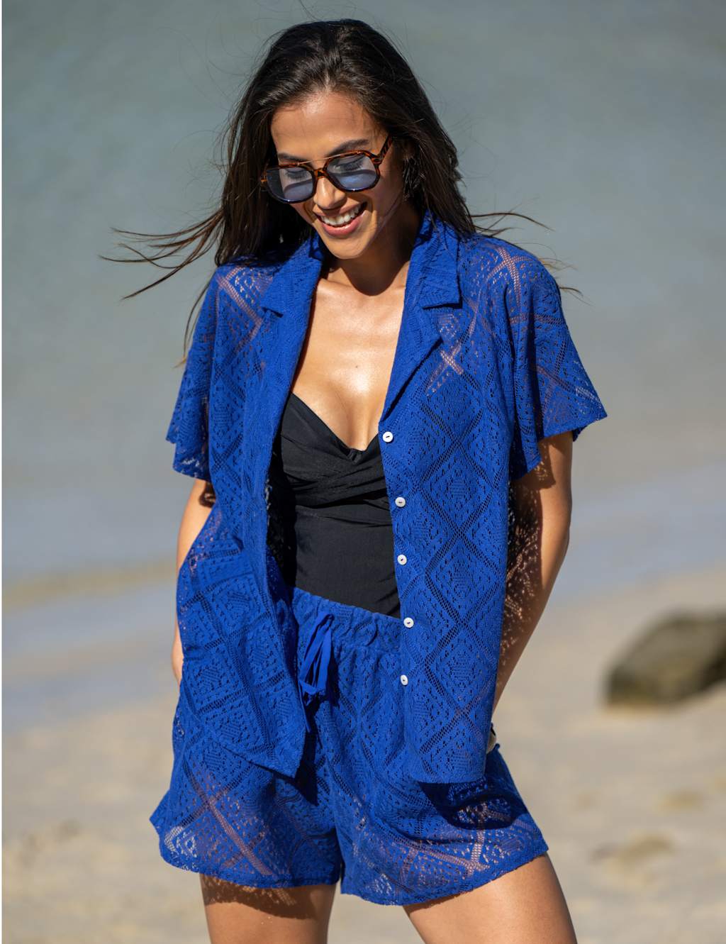 Pour Moi Women's Free Spirit Crochet Co-Ord Shirt & Short Set - 10 - Blue - Available at M&S