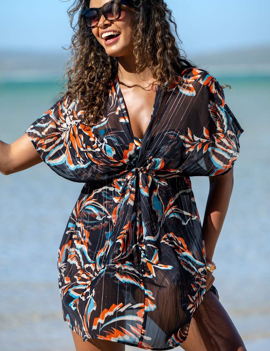 Pour Moi Women's Chiffon Floral Mini Kaftan Beach Cover Up - 20-22 - Black Mix - Available at M&S