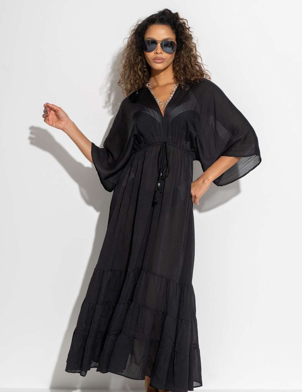 Pour Moi Women's Tassel Trim Tiered Maxi Kaftan - 18 - Black - Available at M&S