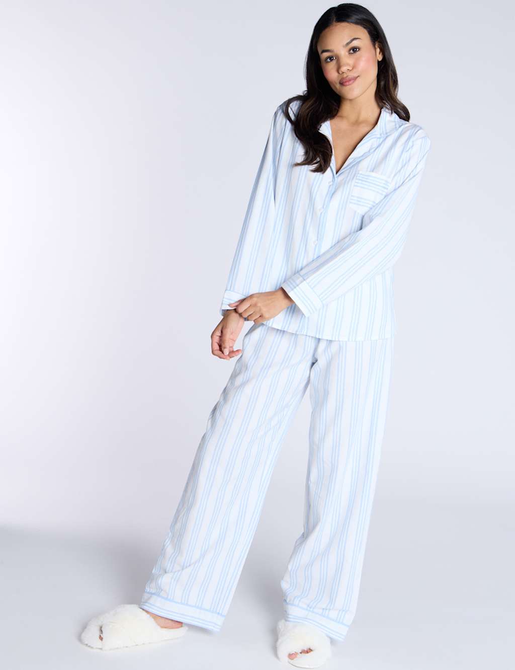Boux Avenue Women's Pure Cotton Striped Pyjama Set - 12 - Blue Mix, Blue Mix