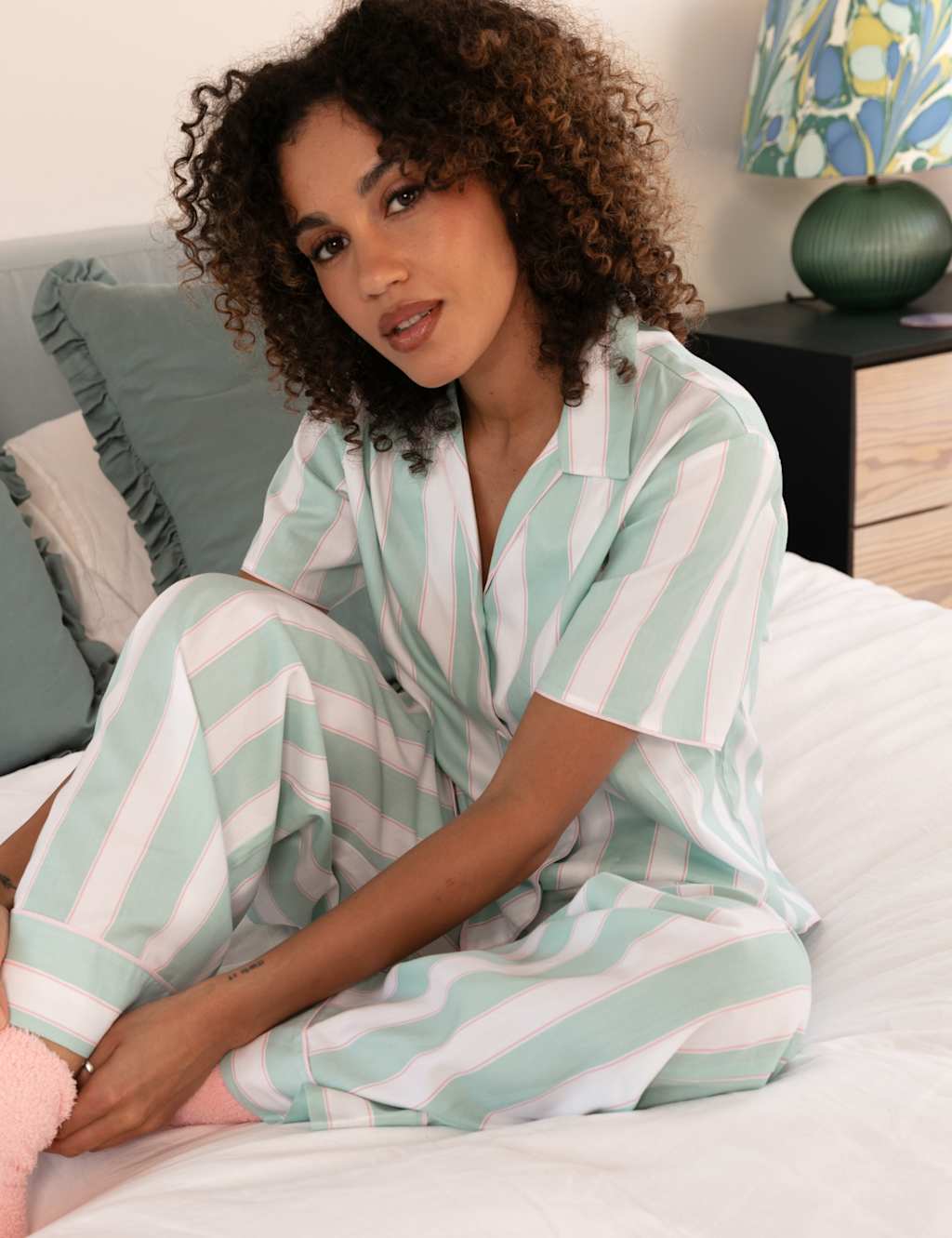 Cyberjammies Women's Cotton Modal Striped Wide Leg Pyjama Bottoms - 24 - Mint - Available at M&S