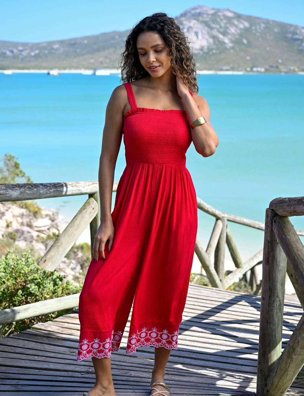 Pour Moi Women's Lauren Shirred Bodice Broderie Hem Jumpsuit - 10 - Available at M&S