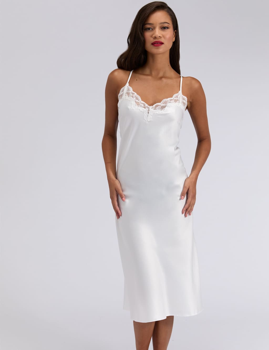 Boux Avenue Amelia Satin Strappy Lace Trim Long Chemise Ivory