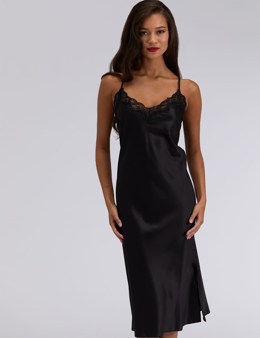 Boux Avenue Amelia Satin Strappy Lace Trim Long Chemise Black