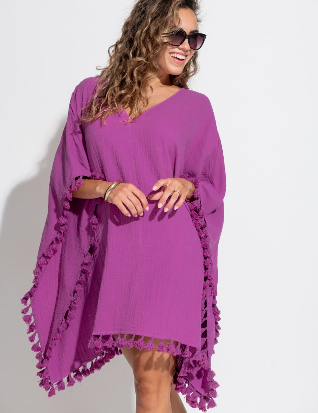 Pure Cotton V-Neck Tassel Fringe Kaftan