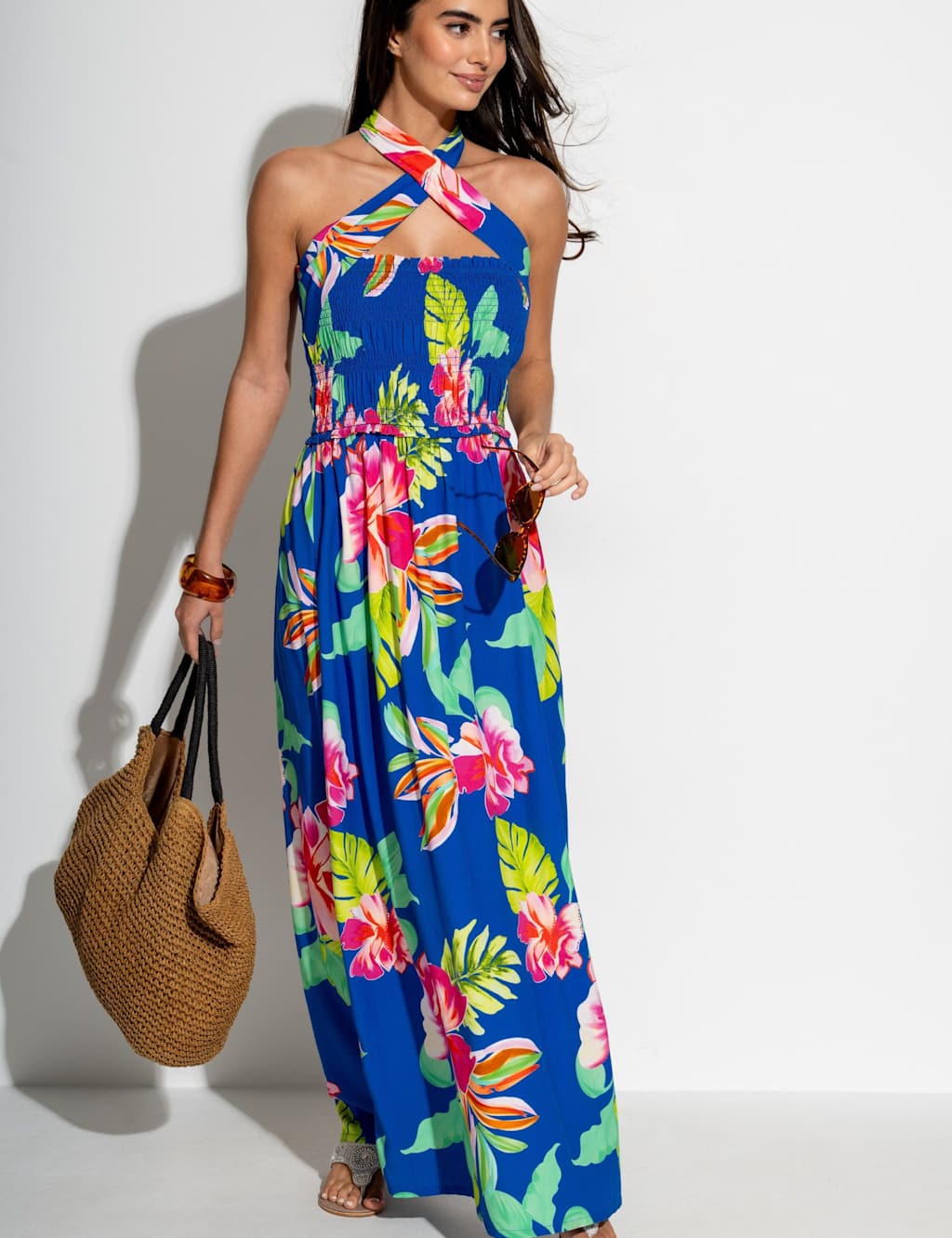 Pour Moi Women's Zoey Floral Maxi Shirred Beach Dress - 10 - Blue Mix - Available at M&S