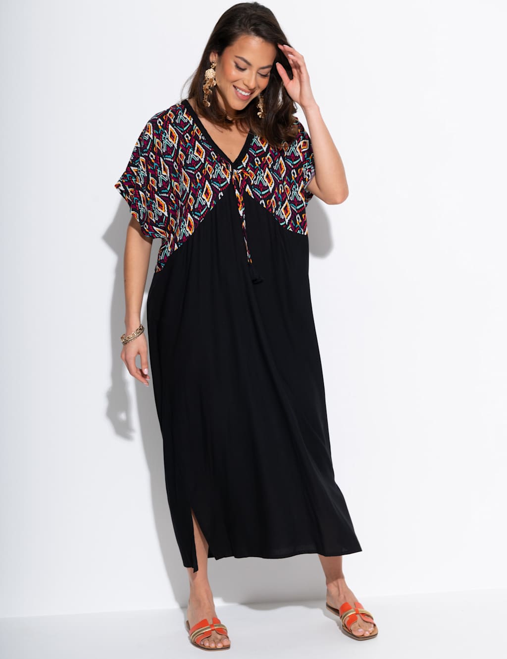 Printed V-Neck Tie Detail Midaxi Kaftan Dress