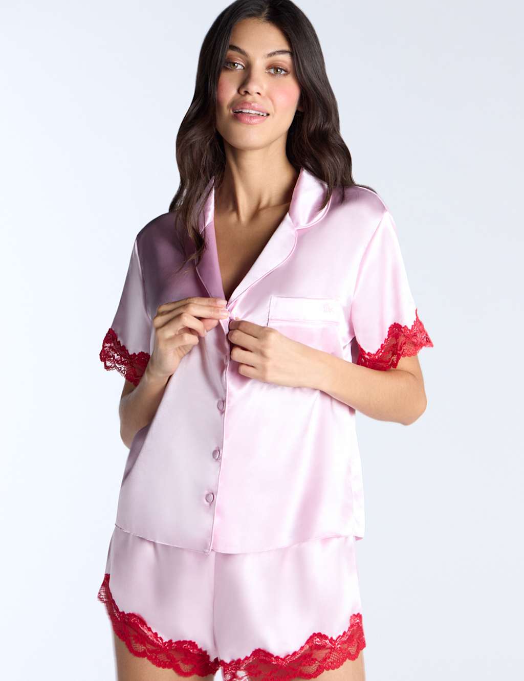 Satin Lace Trim Revere Shortie Set