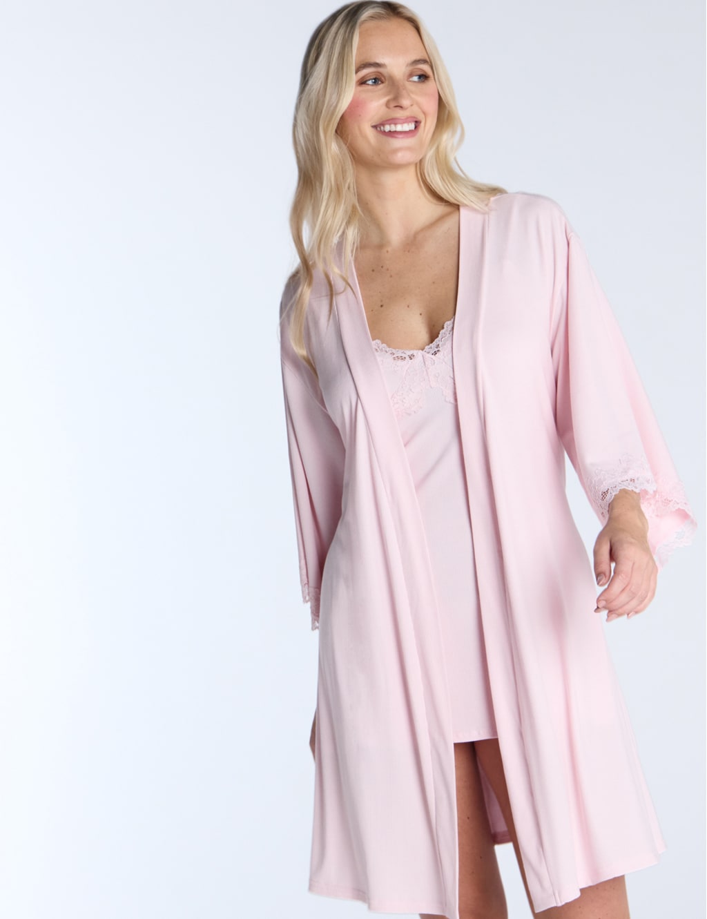 Modal Rich Ribbed Lace Trim Tie Short Robe