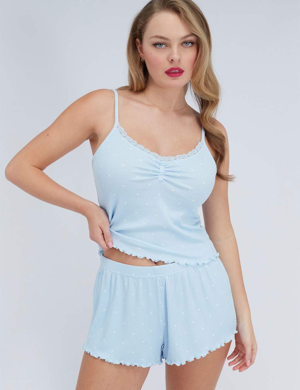 Boux Avenue Women's Ribbed Heart Print Lace Trim Shortie Set - 14 - Blue Mix - Available at M&S