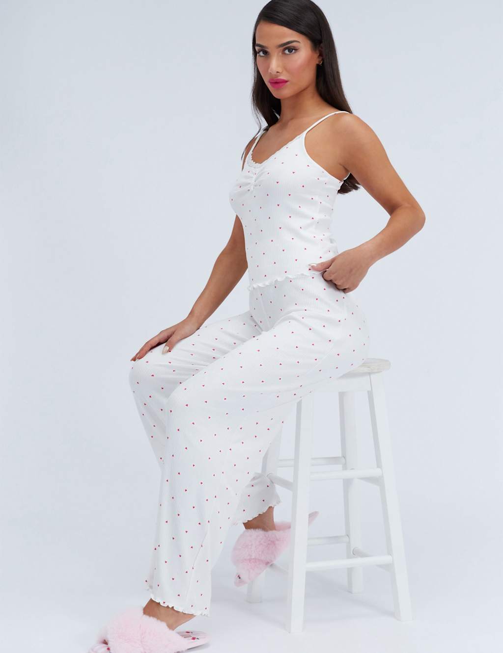 Boux Avenue Women's Valentines Ribbed Heart Print Lace Trim Pyjama Set - 10 - Ivory Mix - Available at M&S