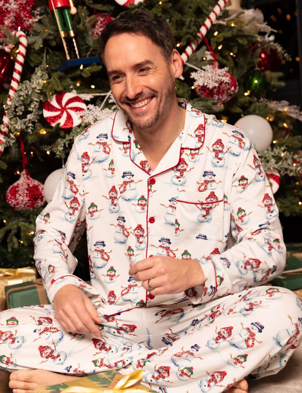 Cyberjammies Cotton Blend Snowman Print Family Christmas Pyjama Top Red Mix