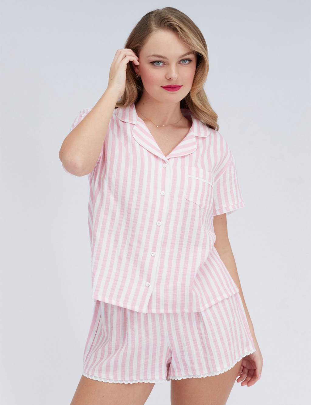 Boux Avenue Women's Pure Cotton Striped Revere Shortie Set - 14 - Pink Mix - Available at M&S