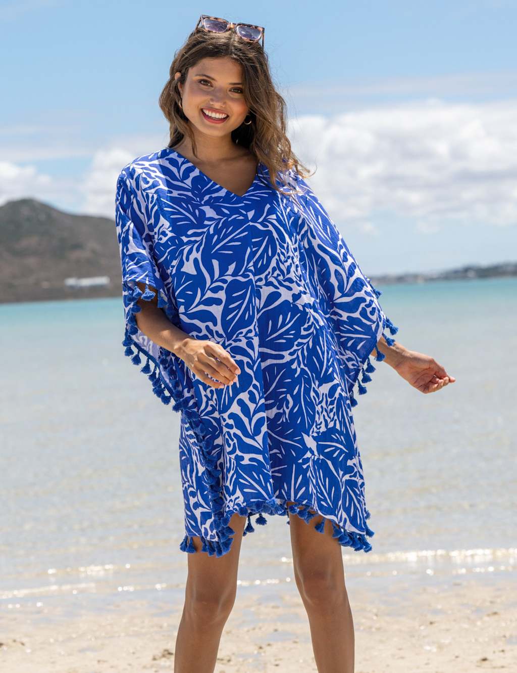 Printed V-Neck Fringe Trim Mini Kaftan