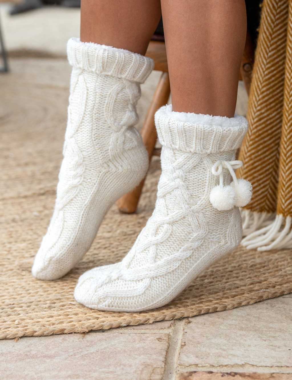 Pour Moi Cable Knit Slipper Socks Cream