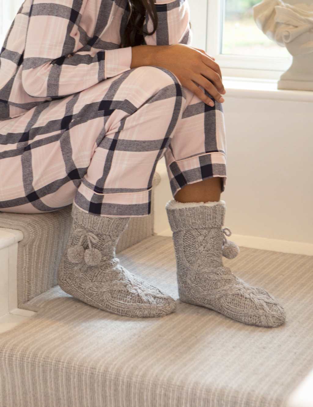 Pour Moi Cable Knit Slipper Socks Grey