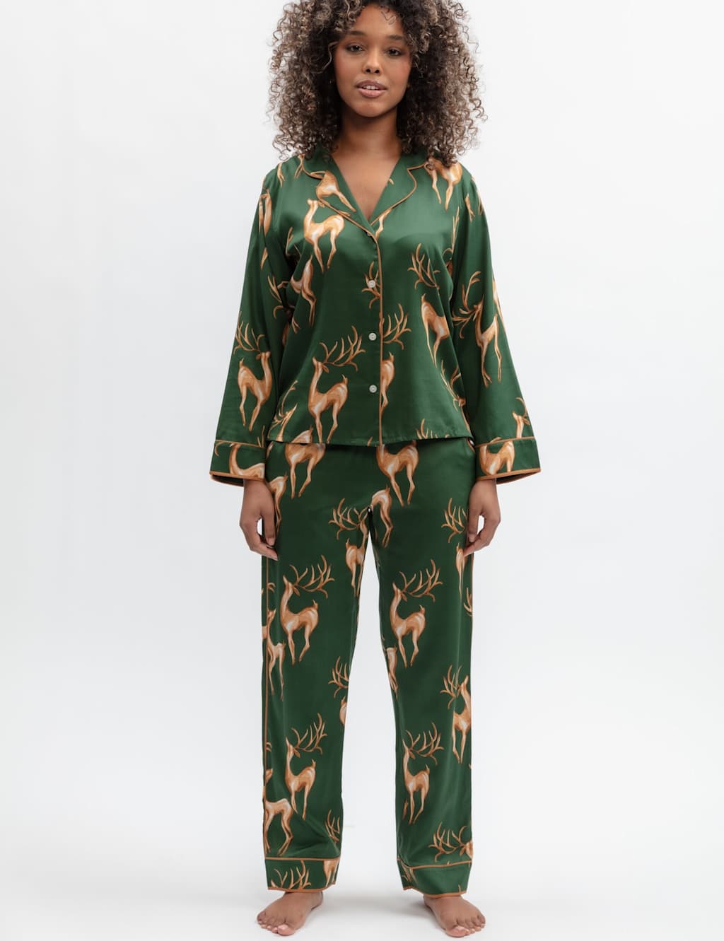 Cyberjammies Women's Cotton Modal Deer Print Pyjama Set - 14 - Green Mix - Available at M&S