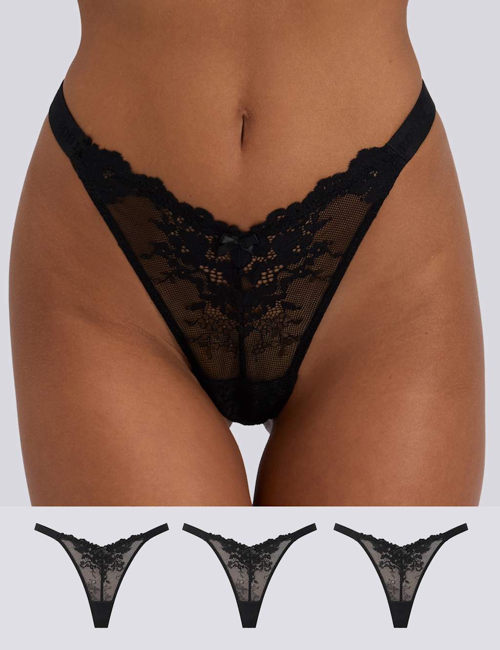 Boux Avenue Women's 3pk Fran Floral Lace High Leg Thongs - 14 - Black - Available at M&S