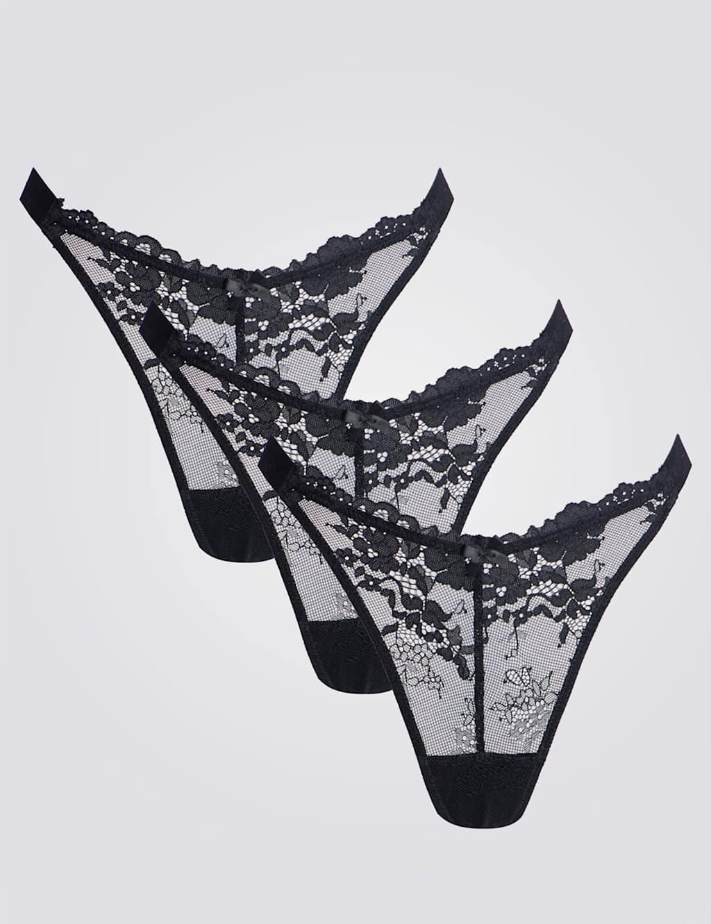 Boux Avenue 3pk Fran Floral Lace High Leg Thongs Black