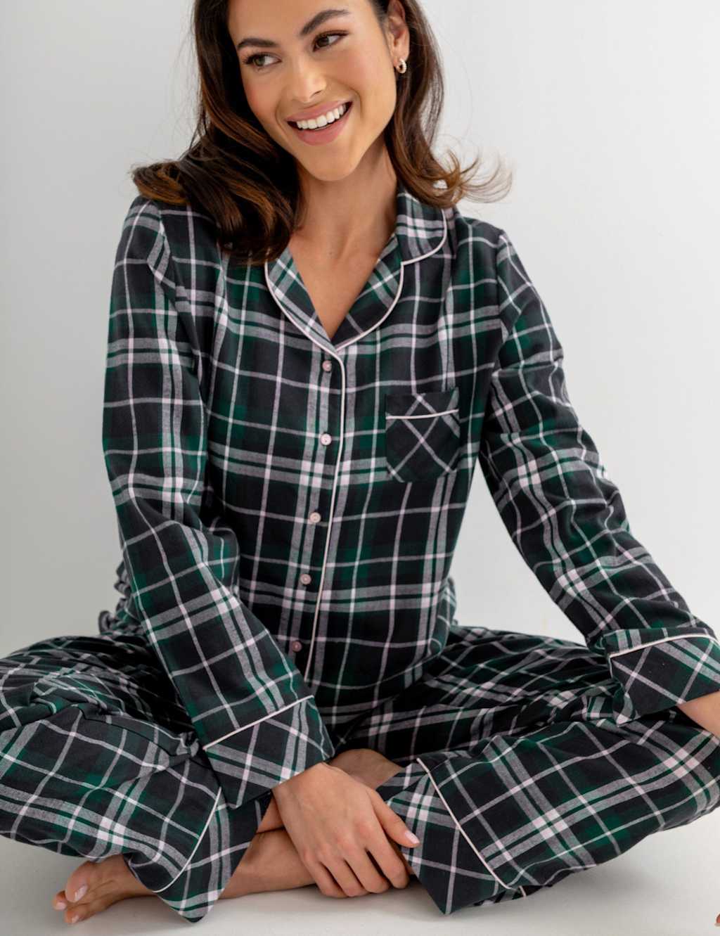 Pour Moi Pure Cotton Brushed Checked Pyjama Set Dark Green Mix