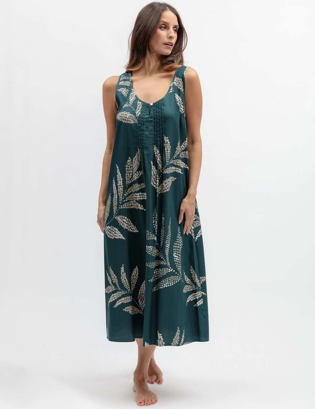 Cyberjammies Women's Cotton Modal Leaf Print Pintuck Nightdress - 28 - Teal - Available at M&S