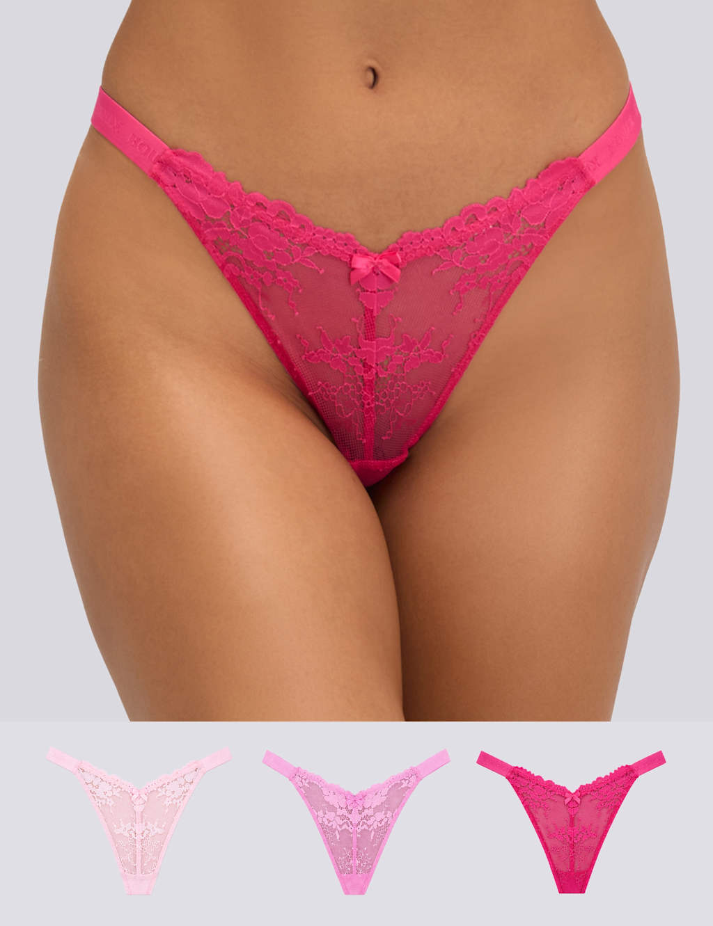 Boux Avenue Women's 3 Pack Fran Lace High Leg Thongs - 10 - Pink Mix - Available at M&S