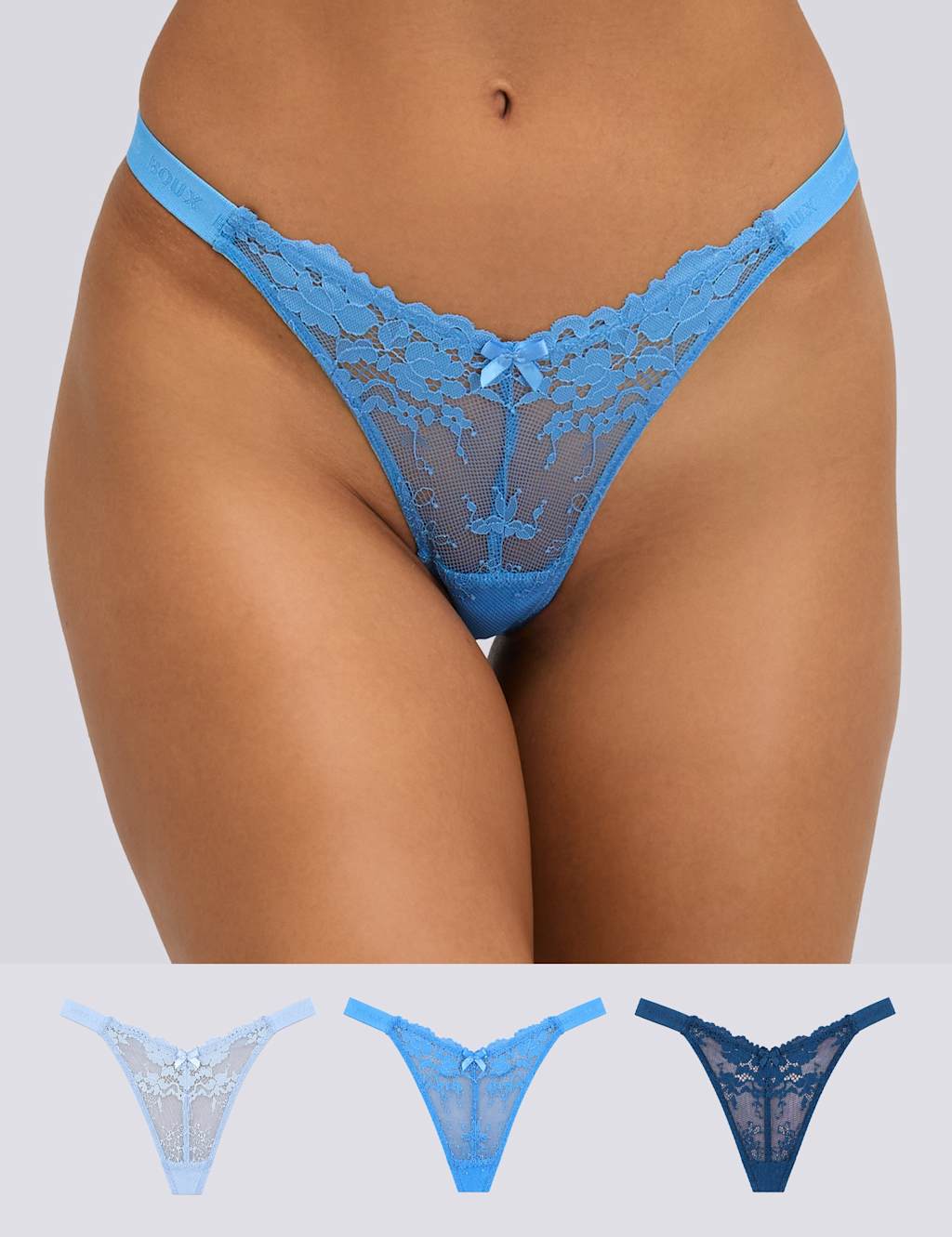 Boux Avenue Women's 3 Pack Fran Lace High Leg Thongs - 14 - Blue Mix - Available at M&S