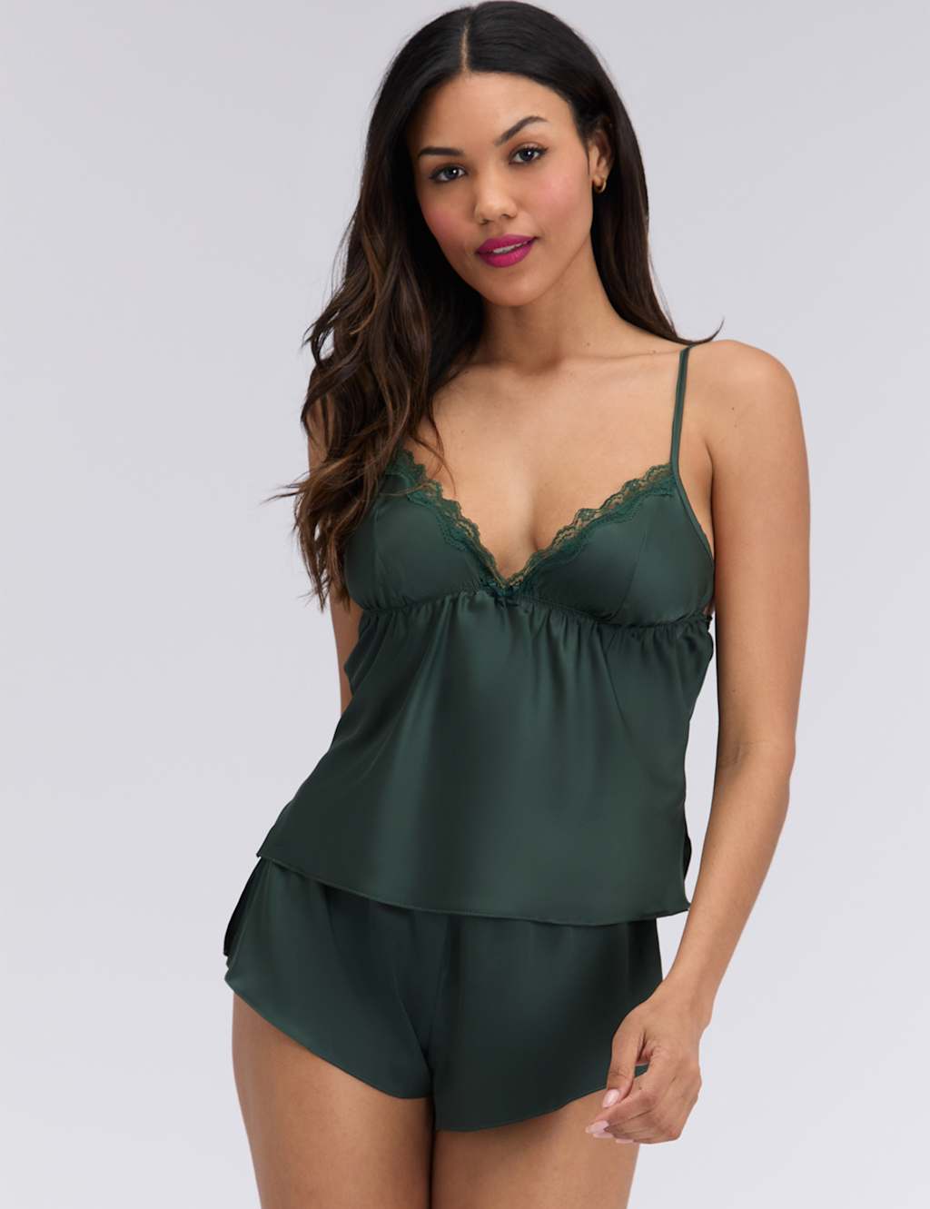 Boux Avenue Women's Satin Lace Trim Cami Shortie Set - 8 - Dark Green - Available at M&S