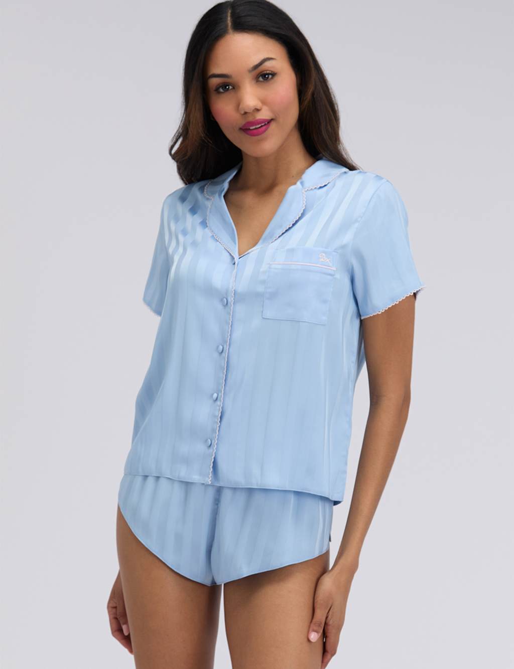 Boux Avenue Women's Satin Striped Revere Collar Shortie Set - 12 - Blue Mix - Available at M&S
