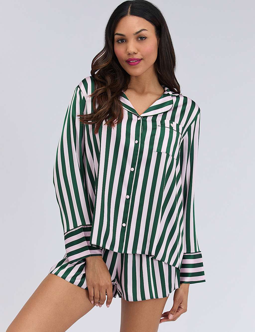 Boux Avenue Women's Satin Striped Shortie Set - 16 - Dark Green Mix - Available at M&S