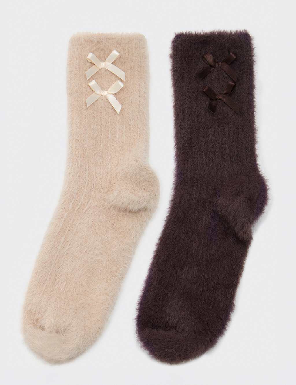Boux Avenue Women's 2 Pack Bow Trim Ribbed Fluffy Socks - Natural Mix - Available at M&S