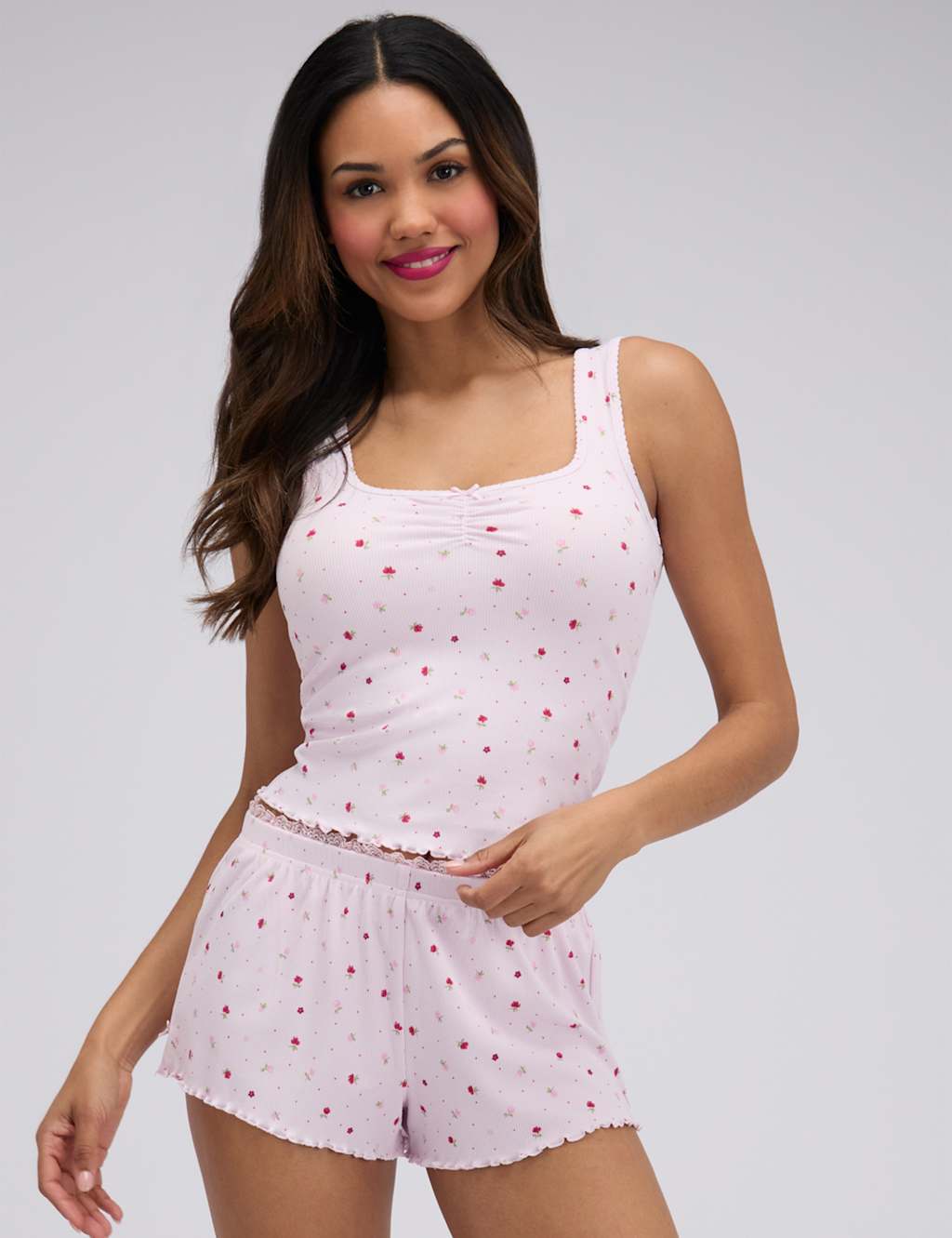 Boux Avenue Women's Floral Ribbed Shortie Set - 16 - Pink Mix - Available at M&S