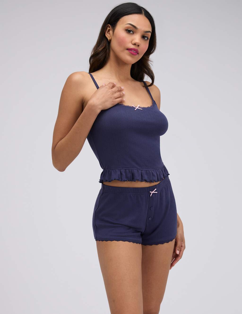 Boux Avenue Women's Pointelle Frill Cami Pyjama Set - 12 - Navy - Available at M&S