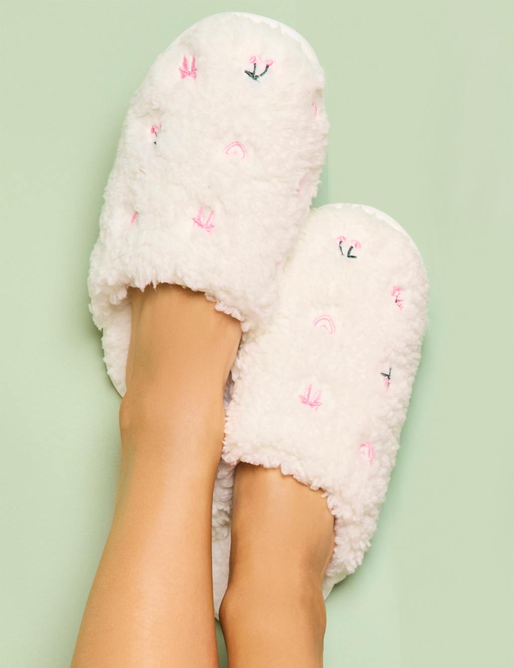 Boux Avenue Women's Borg Bow Embroidered Mule Slippers - 5-6 - Ivory Mix - Available at M&S