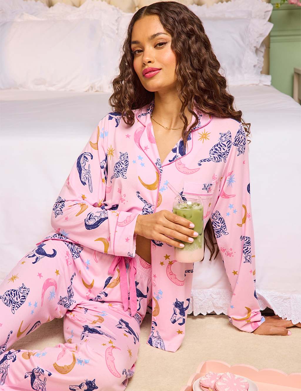 Boux Avenue Women's Modal Rich Cat Print Pyjama Set - 6 - Pink Mix - Available at M&S