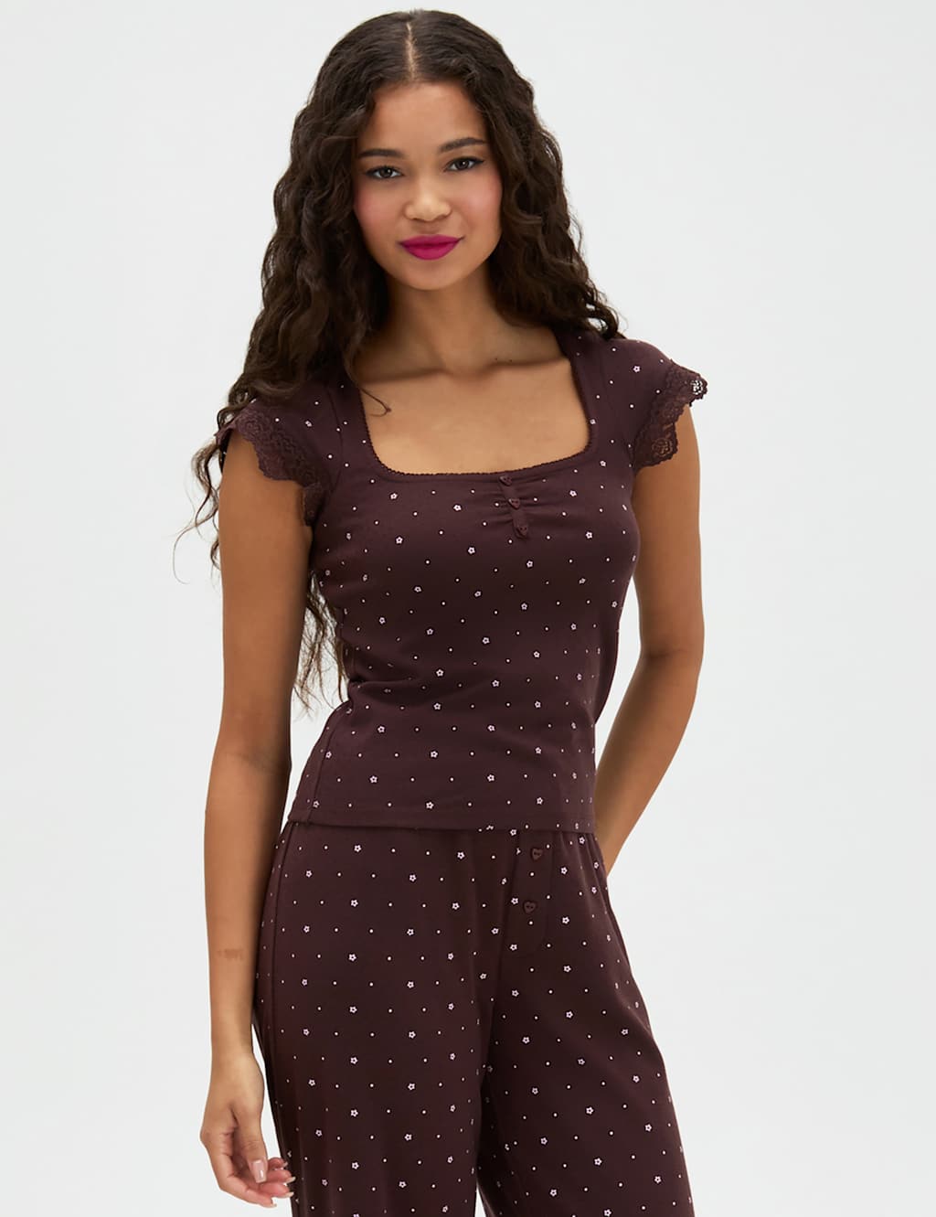 Boux Avenue Women's Cotton Blend Pointelle Floral Pyjama Set - 18 - Brown Mix - Available at M&S